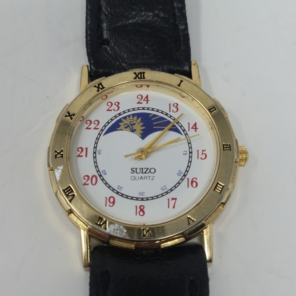 Vintage Suizo Quartz Watch Sun Moon Phase Day Night Dial Gold Tone Roman Bezel